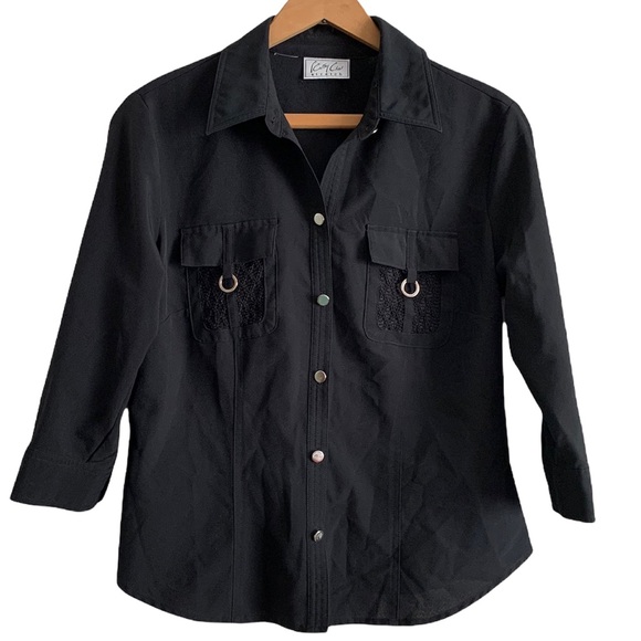 Cathy Che Stretch Black Button Down Blouse Size M-L - Picture 1 of 15